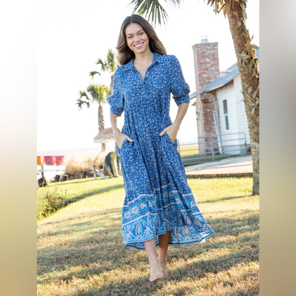 Natural Life Blue Border Ditsy Floral Collared Button Rebecca Tiered Midi Dress